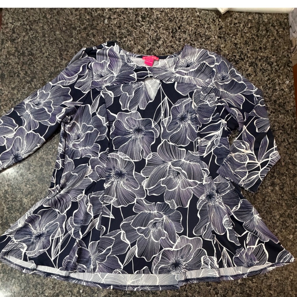 Sunny Leigh Women Navy Blue White Floral 3/4 Sleeve Peplum Blouse XL